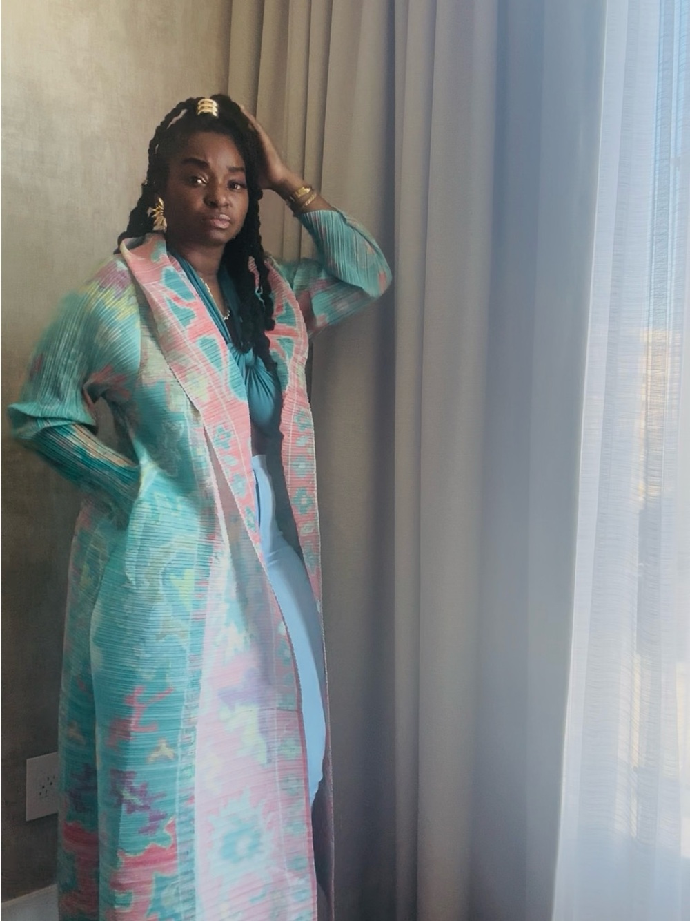 Long Pastel Duster Coat in Mint & Peach - Picture 8 of 11